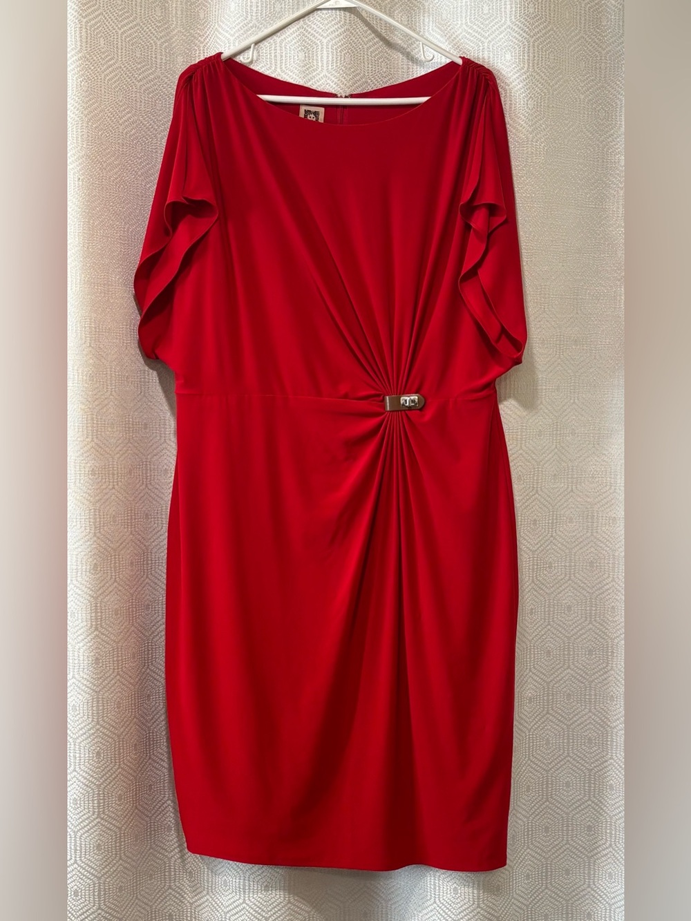 ANNE KLEIN | Red Gathered-Waist Midi Dress with faux Buckle